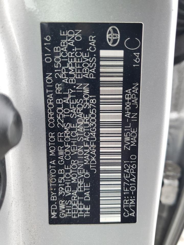 2016 Toyota Prius VIN: JTDKARFU4G3005781 Lot: 50961165