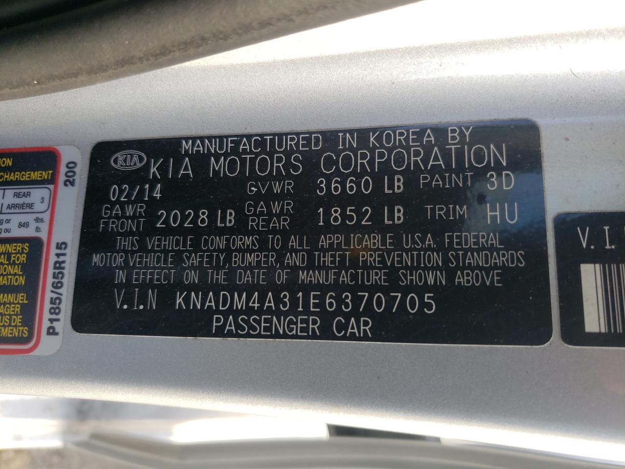 2014 Kia Rio Lx VIN: KNADM4A31E6370705 Lot: 49827735