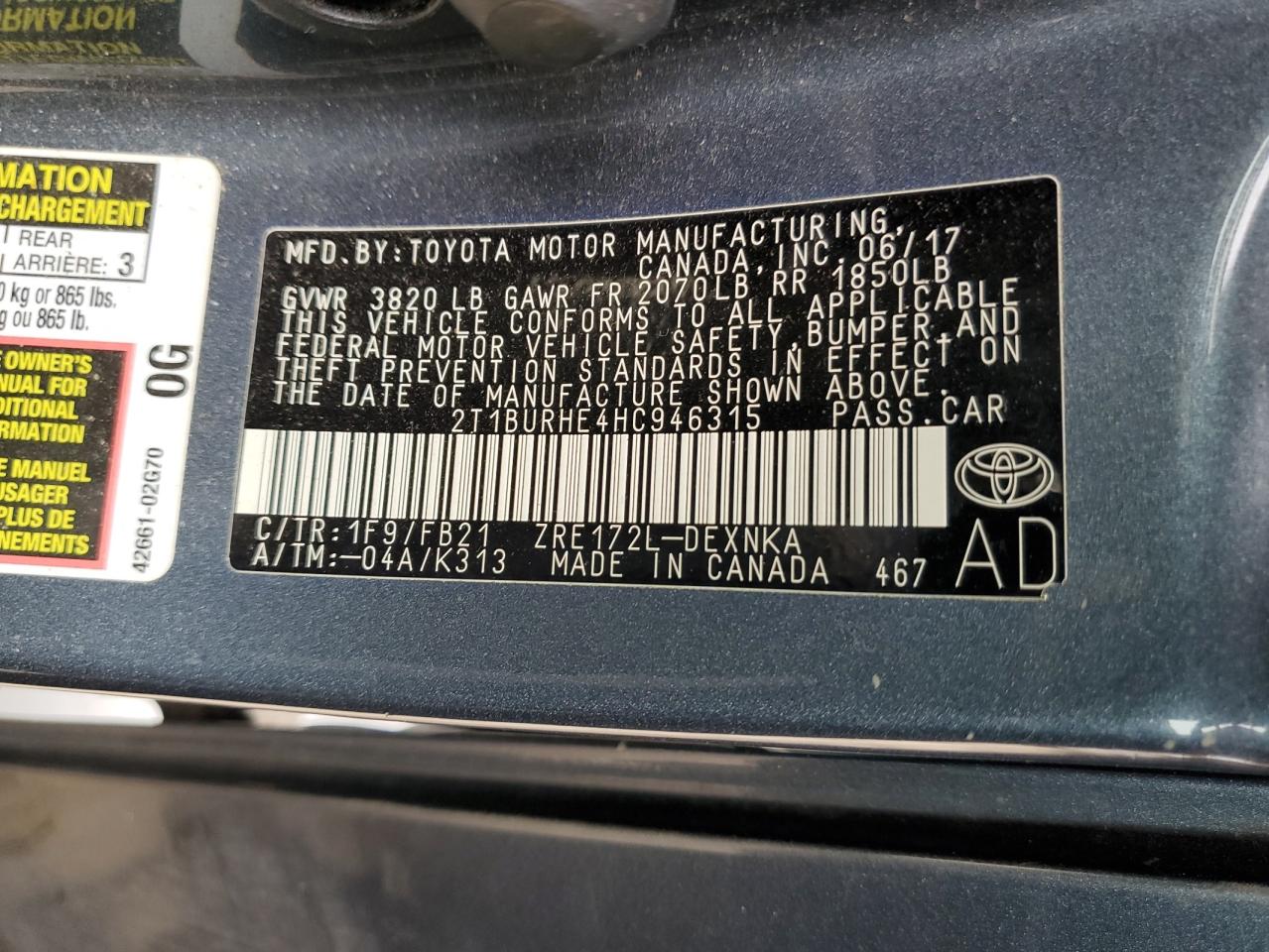 2017 Toyota Corolla L VIN: 2T1BURHE4HC946315 Lot: 48543385