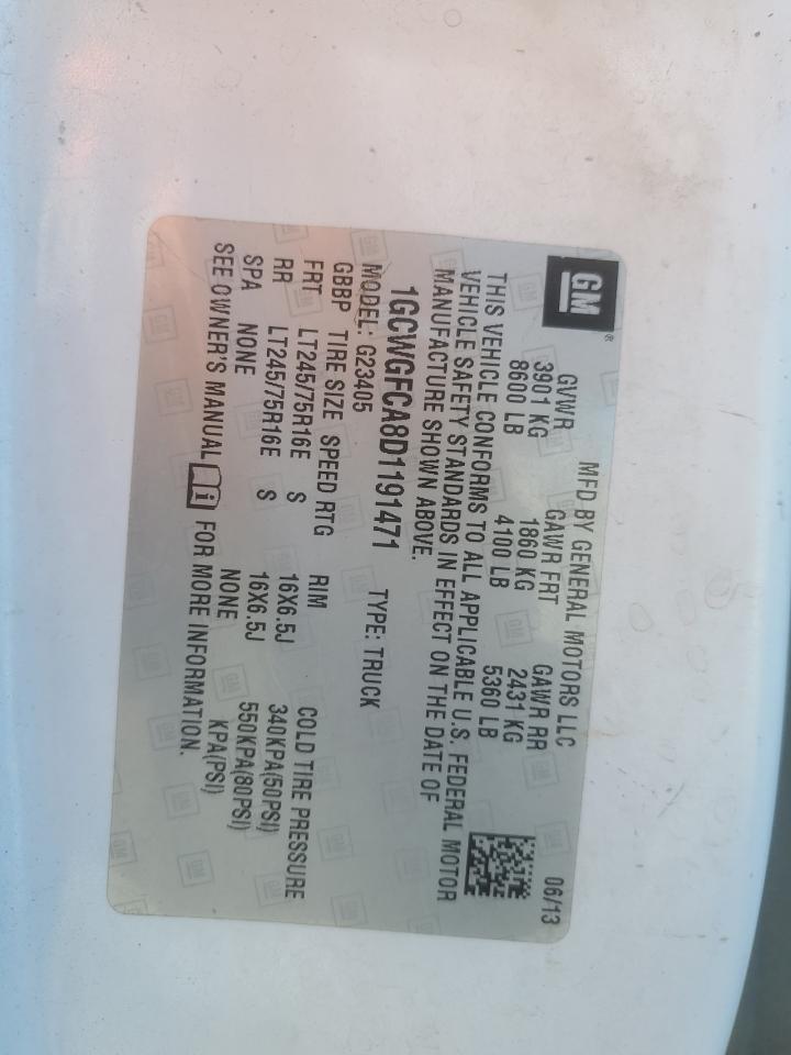 2013 Chevrolet Express G2500 VIN: 1GCWGFCA8D1191471 Lot: 47401125