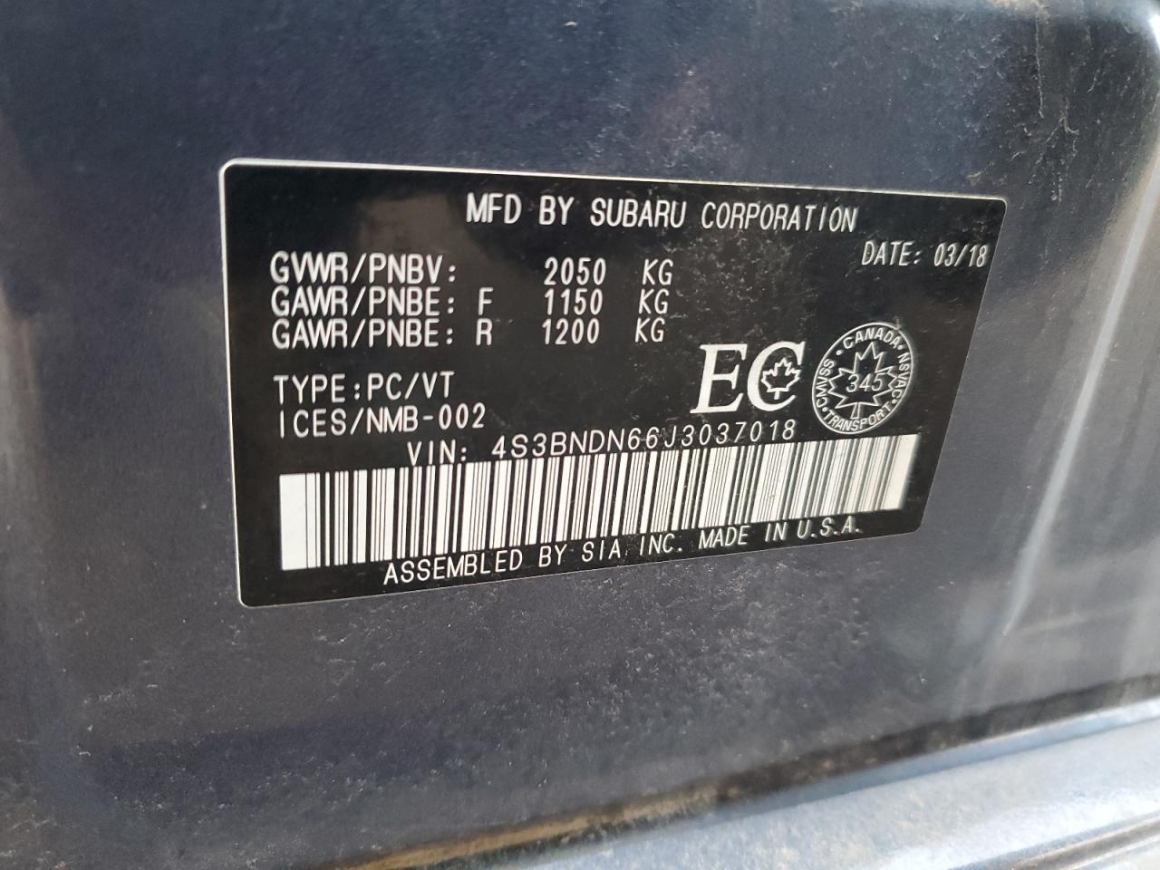 2018 Subaru Legacy 2.5I Limited VIN: 4S3BNDN66J3037018 Lot: 48541955
