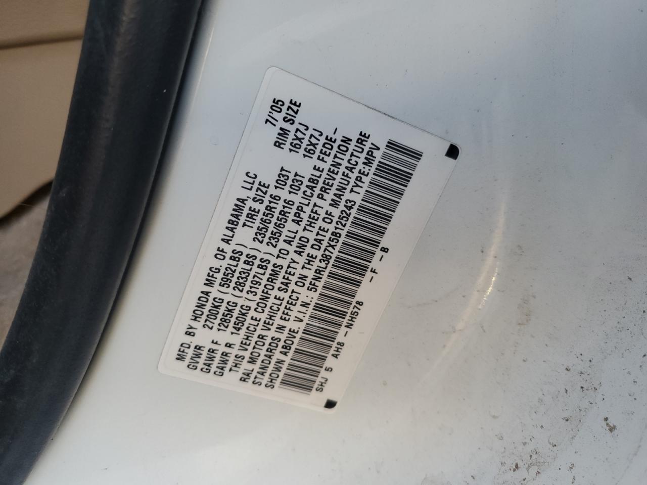 2005 Honda Odyssey Exl VIN: 5FNRL387X5B125243 Lot: 54060195