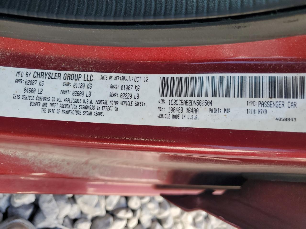 2013 Chrysler 200 Lx VIN: 1C3CCBAB2DN560504 Lot: 46446455