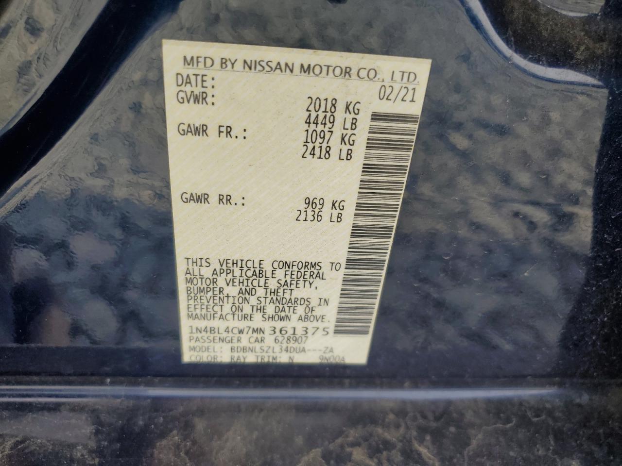2021 Nissan Altima Sr VIN: 1N4BL4CW7MN361375 Lot: 49828385