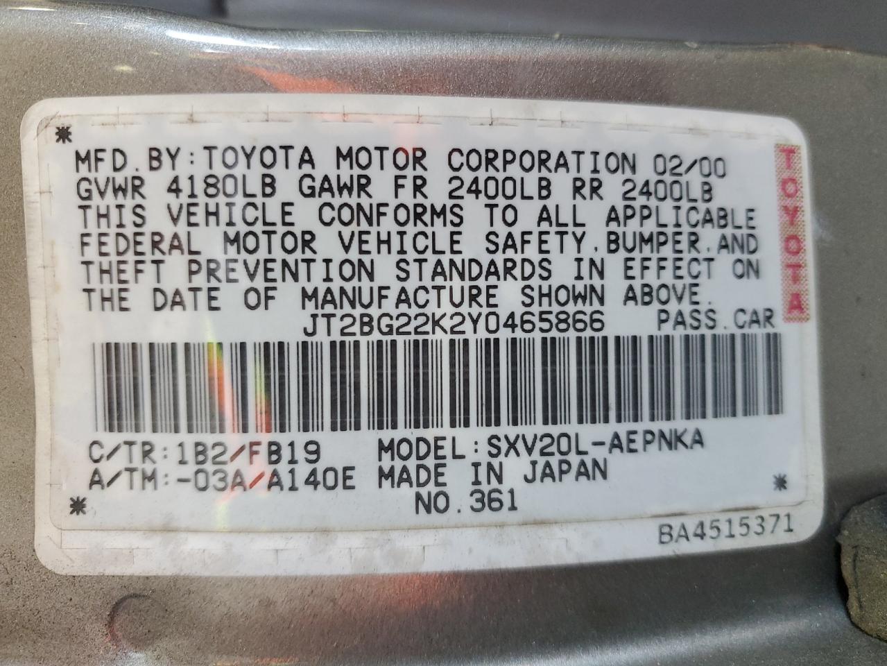 2000 Toyota Camry Ce VIN: JT2BG22K2Y0465866 Lot: 50902485