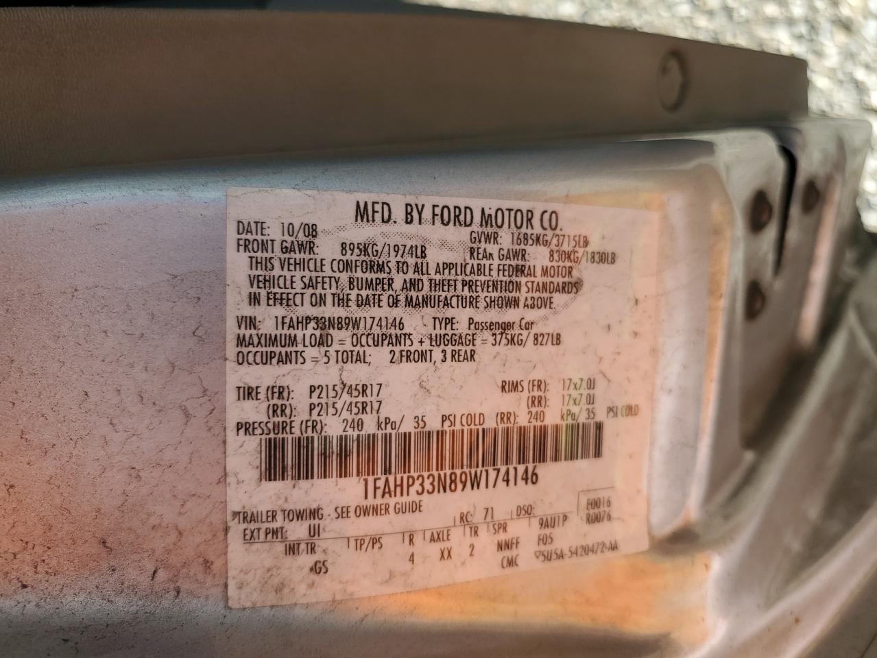 2009 Ford Focus Ses VIN: 1FAHP33N89W174146 Lot: 63230275