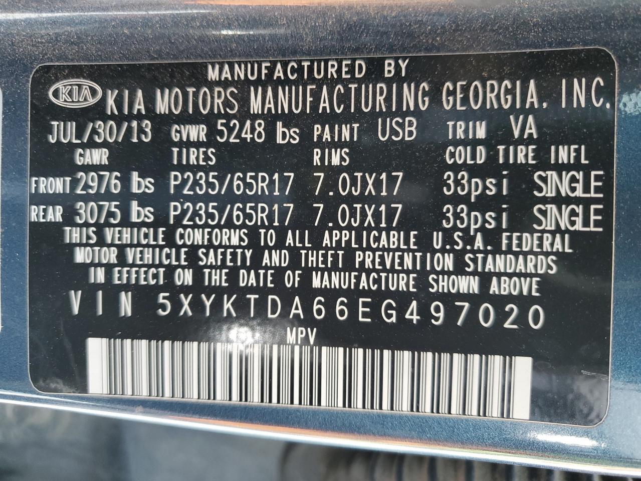 2014 Kia Sorento Lx VIN: 5XYKTDA66EG497020 Lot: 50225855