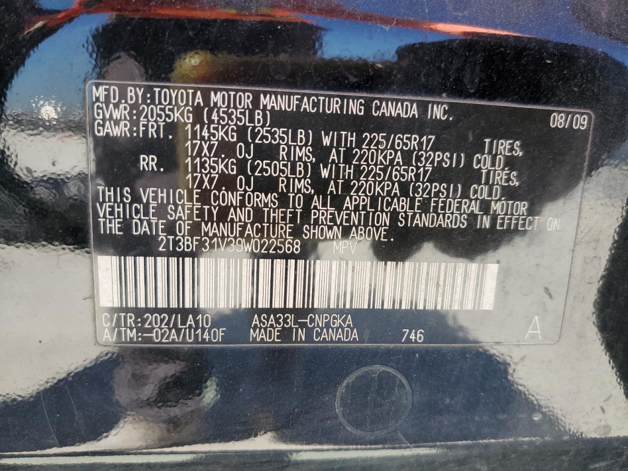 2009 Toyota Rav4 Limited VIN: 2T3BF31V39W022568 Lot: 50451895