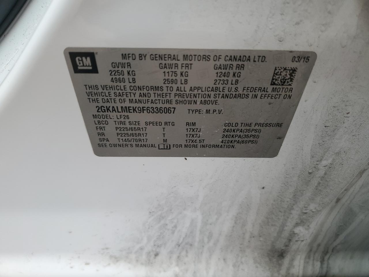 2015 GMC Terrain Sle VIN: 2GKALMEK9F6336067 Lot: 50039685