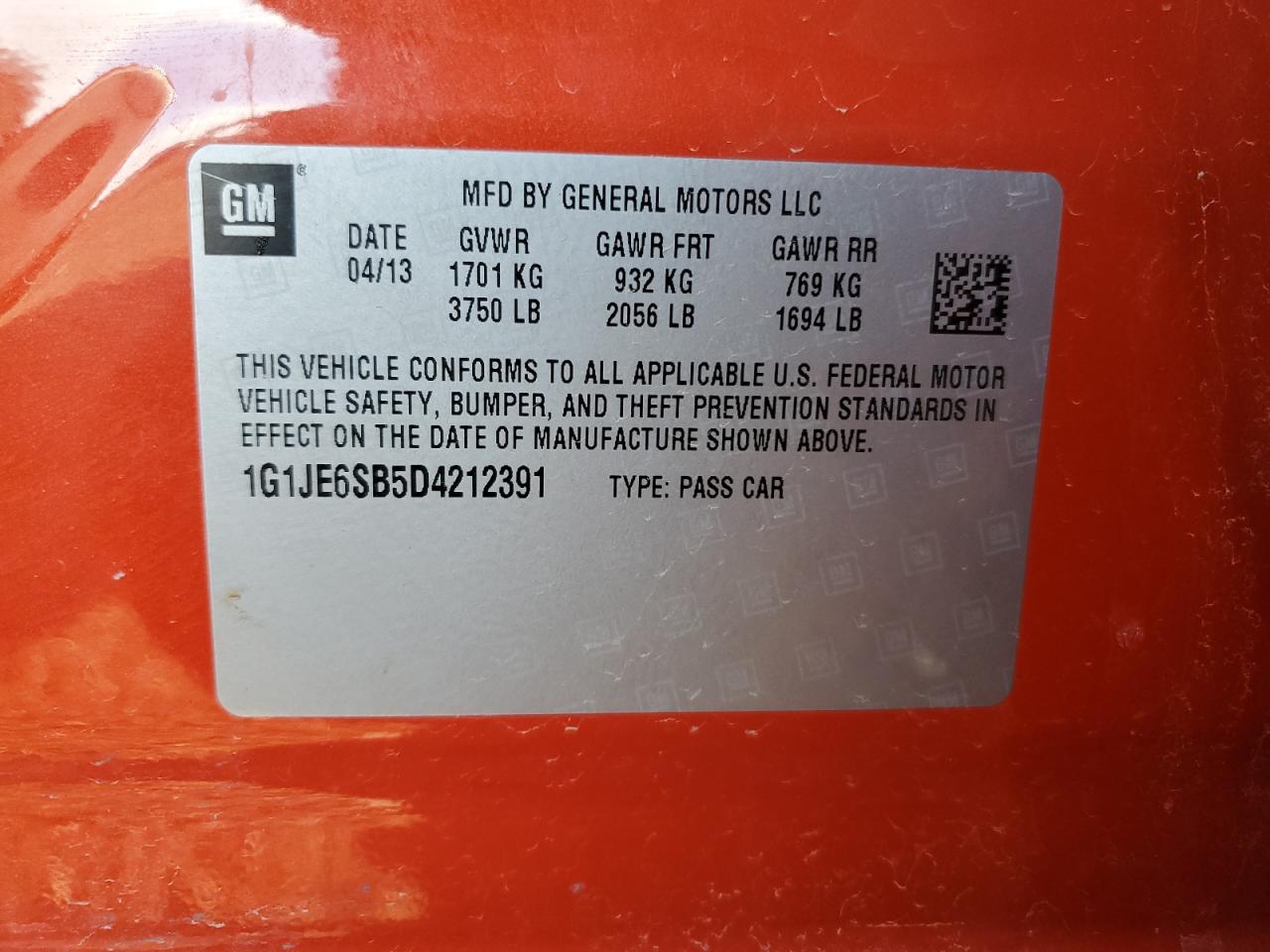 2013 Chevrolet Sonic Ltz VIN: 1G1JE6SB5D4212391 Lot: 48918535