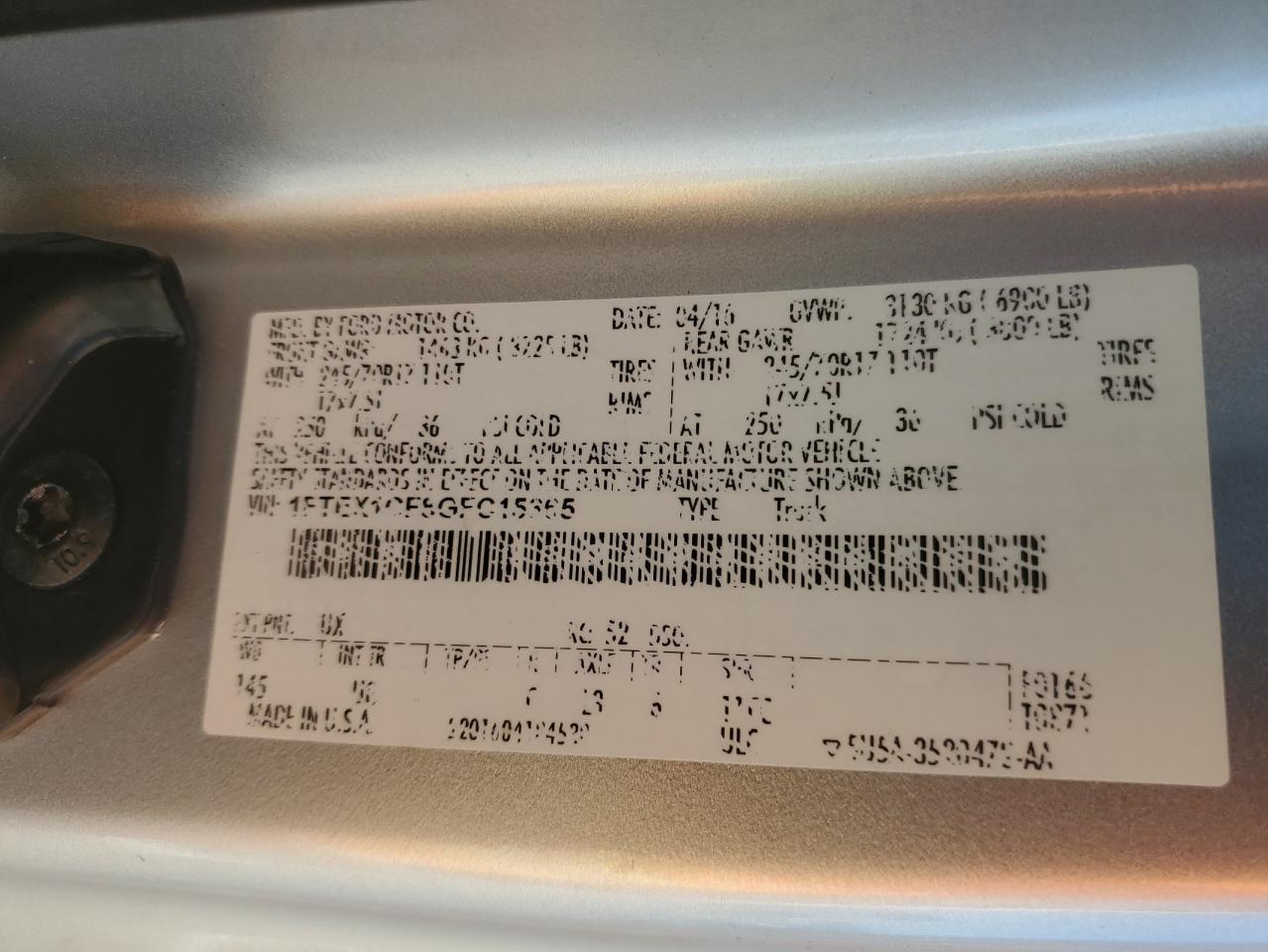 2016 Ford F150 Super Cab VIN: 1FTEX1CF8GFC15365 Lot: 50168045