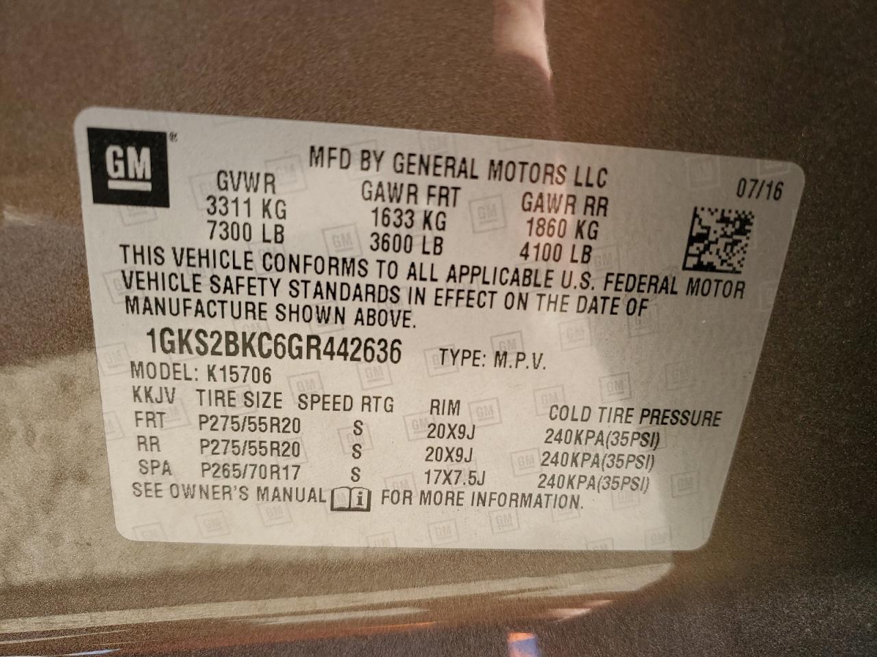 2016 GMC Yukon Slt VIN: 1GKS2BKC6GR442636 Lot: 69051355