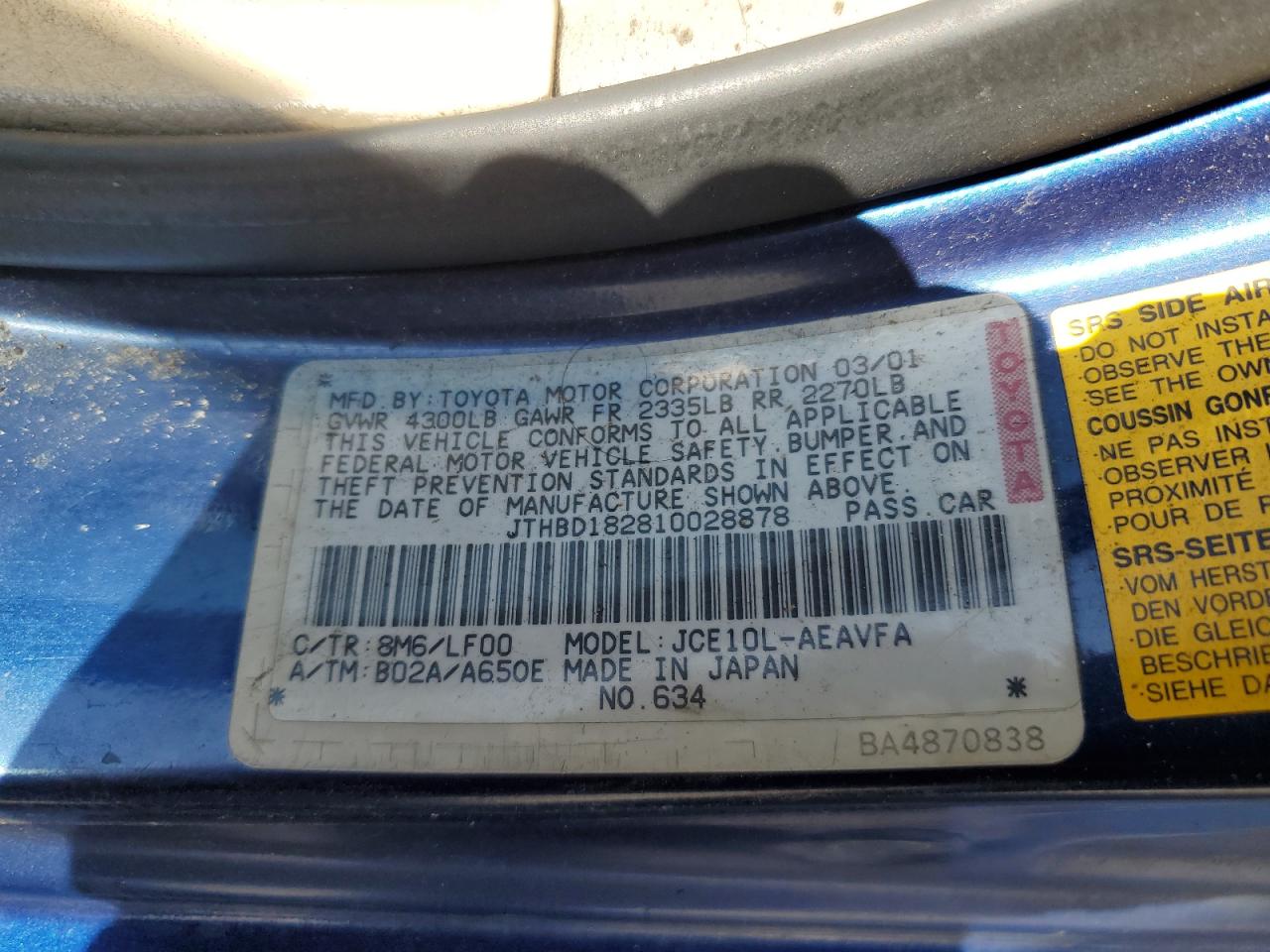 2001 Lexus Is 300 VIN: JTHBD182810028878 Lot: 50016195