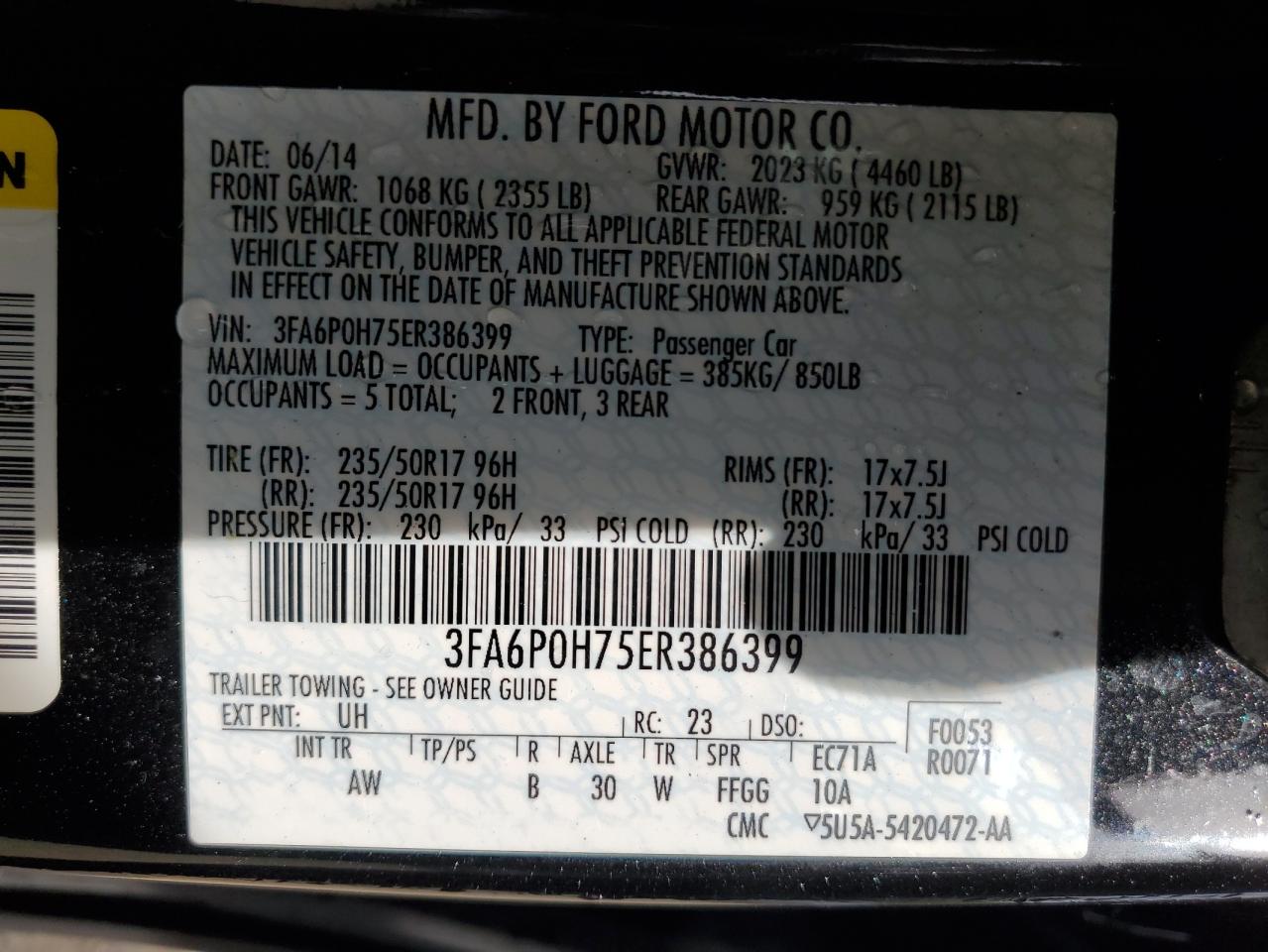 2014 Ford Fusion Se VIN: 3FA6P0H75ER386399 Lot: 50733115