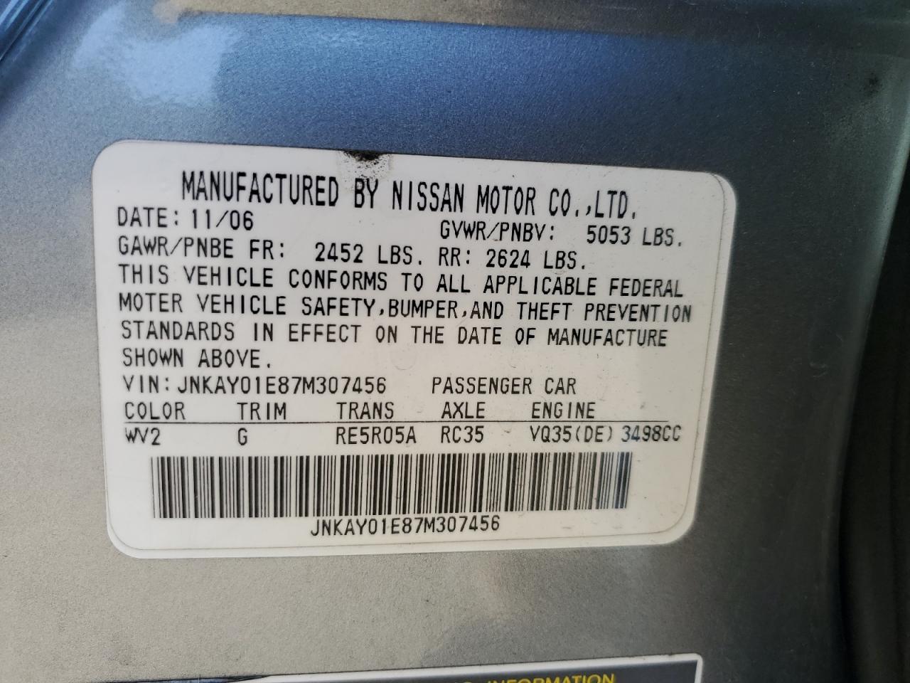 2007 Infiniti M35 Base VIN: JNKAY01E87M307456 Lot: 50178835
