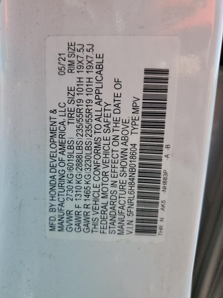 2022 Honda Odyssey Touring VIN: 5FNRL6H84NB018604 Lot: 50043005