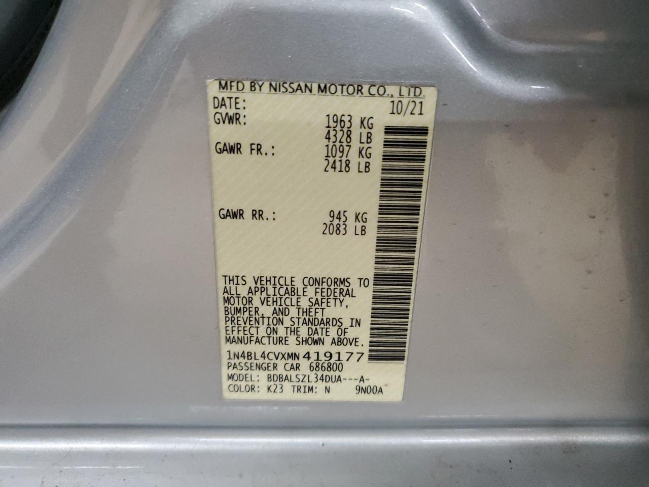 2021 Nissan Altima Sr VIN: 1N4BL4CVXMN419177 Lot: 49661715