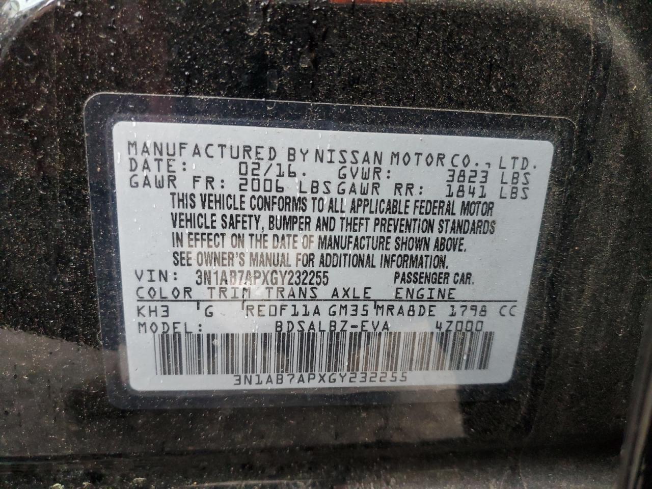 2016 Nissan Sentra S VIN: 3N1AB7APXGY232255 Lot: 46898825