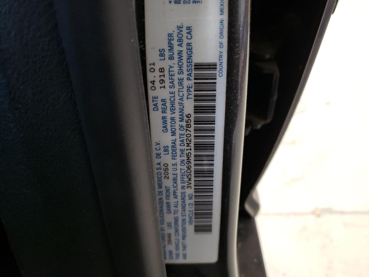 2001 Volkswagen Jetta Gls VIN: 3VWSD69M51M207856 Lot: 48331475