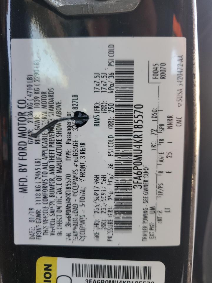 2019 Ford Fusion Sel VIN: 3FA6P0MU4KR185570 Lot: 48188335