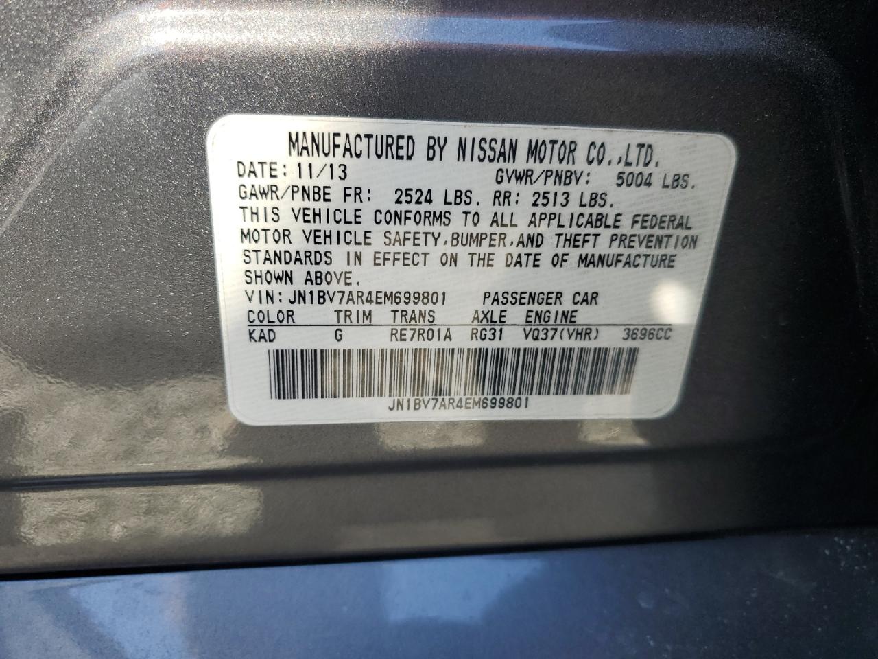 2014 Infiniti Q50 Base VIN: JN1BV7AR4EM699801 Lot: 46985345