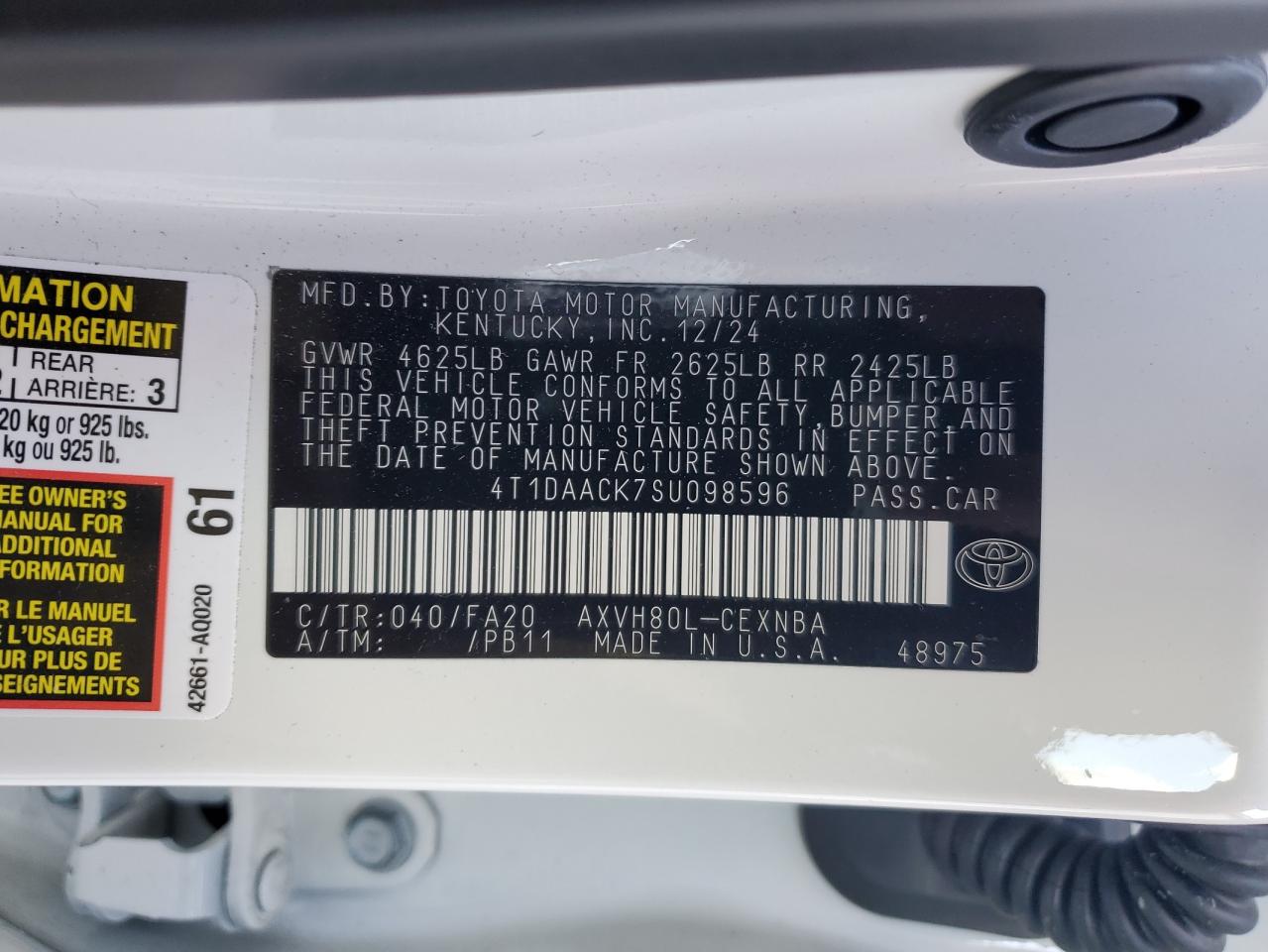 VIN: 4T1DAACK7SU098596 2025 TOYOTA CAMRY