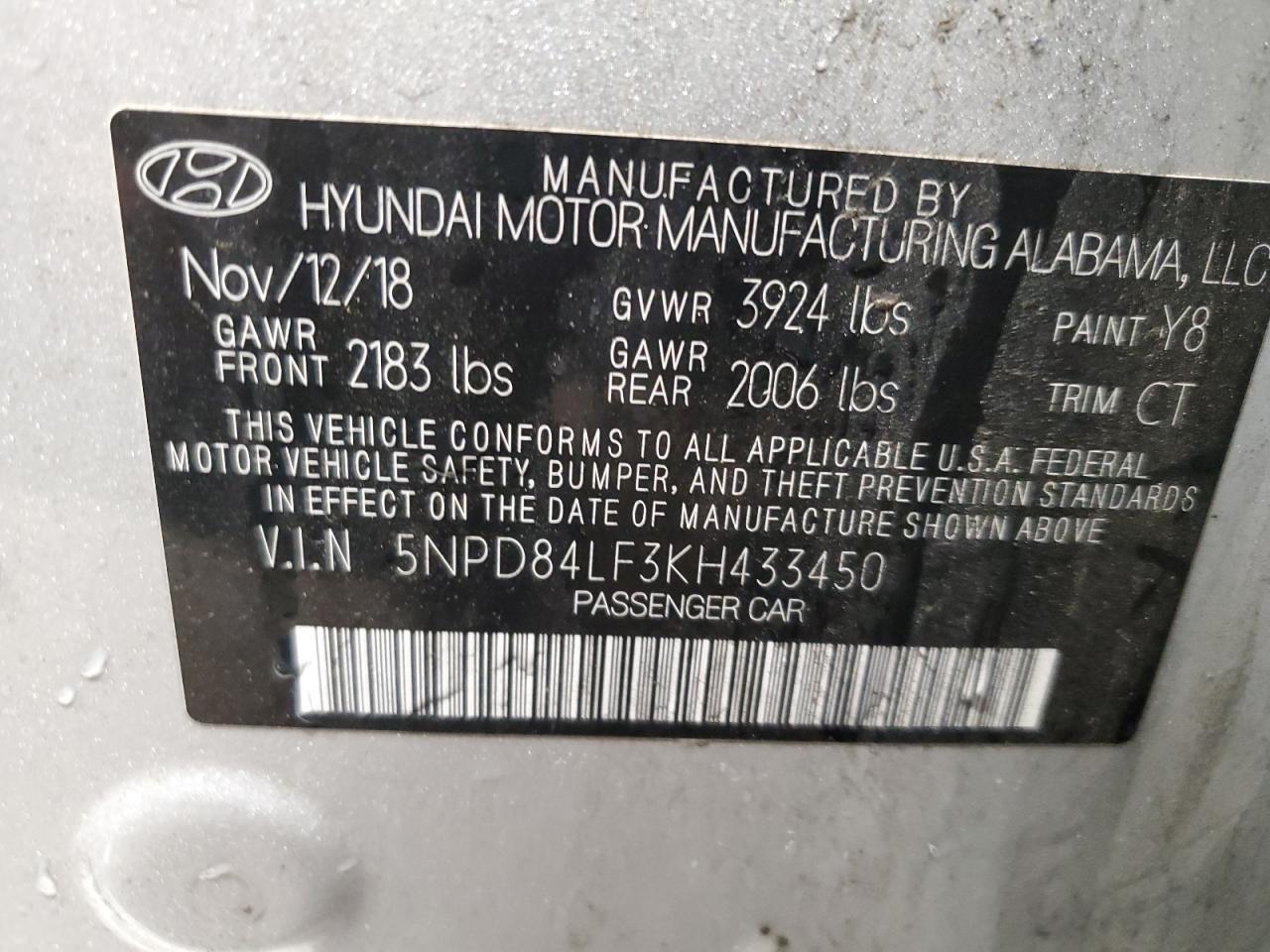 2019 Hyundai Elantra Sel VIN: 5NPD84LF3KH433450 Lot: 47722205