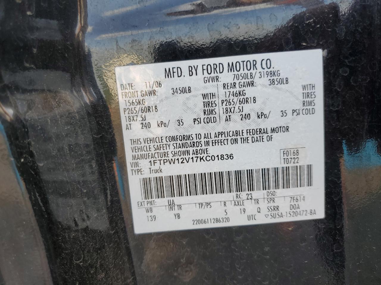 1FTPW12V17KC01836 2007 Ford F150 Supercrew