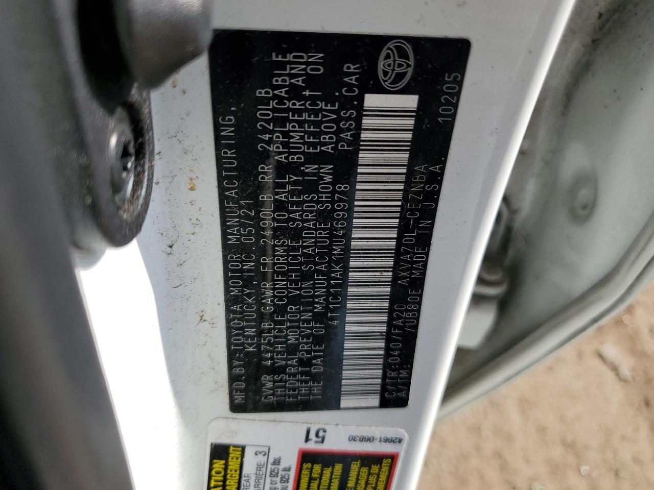 2021 Toyota Camry Le VIN: 4T1C11AK1MU469978 Lot: 48773795