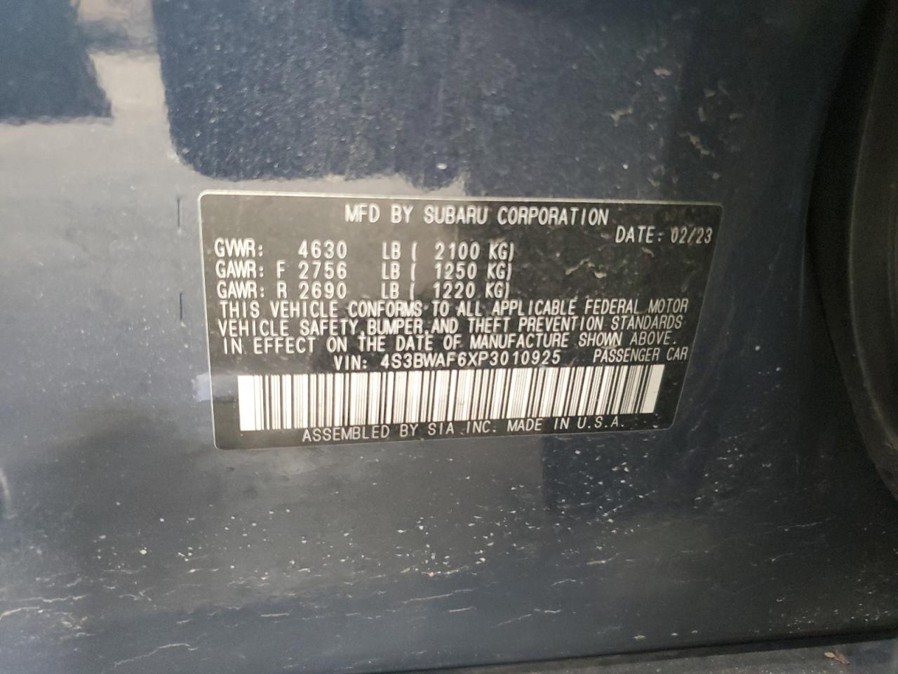 2023 Subaru Legacy Premium VIN: 4S3BWAF6XP3010925 Lot: 49264445