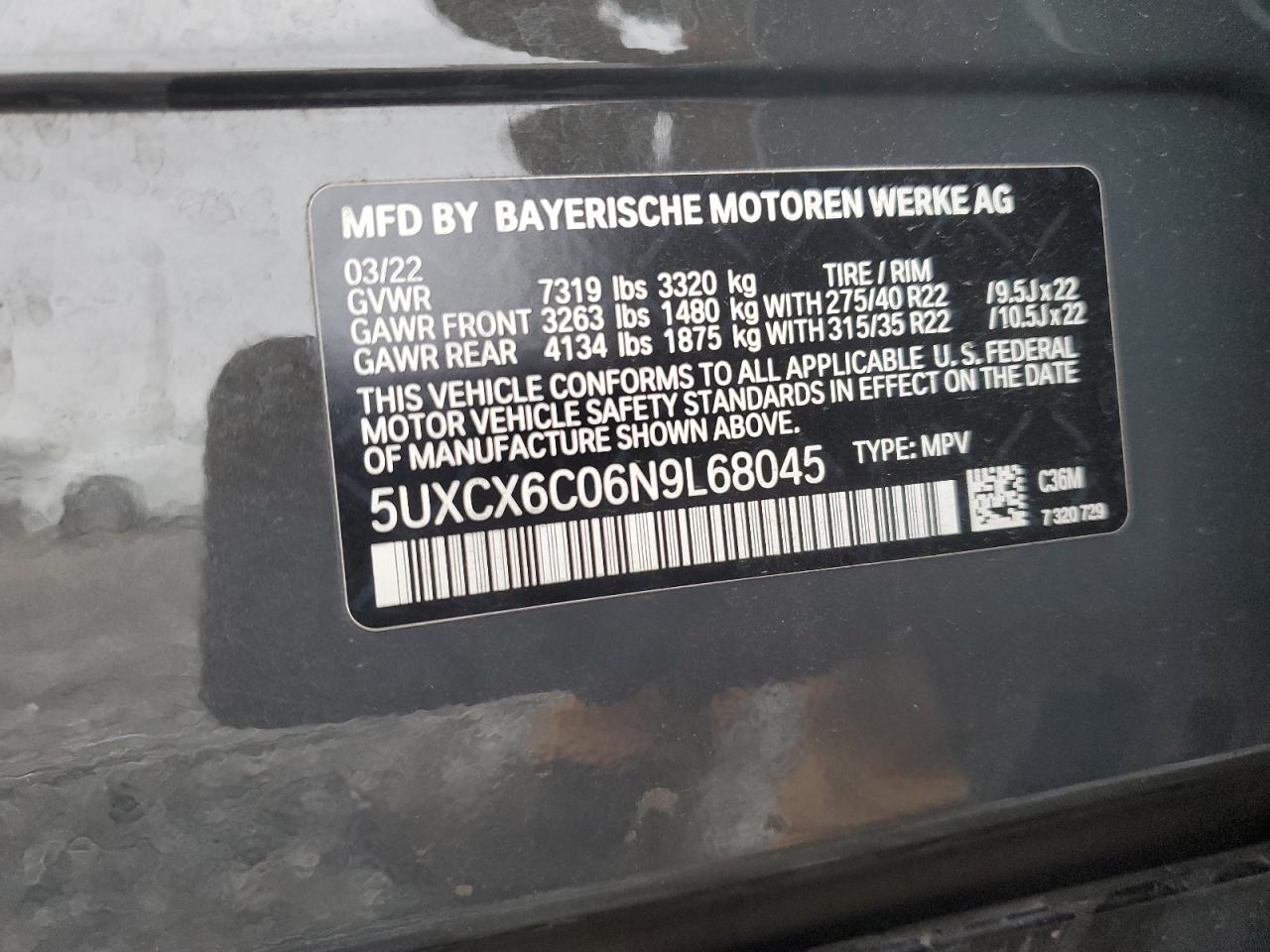 2022 BMW X7 M50I VIN: 5UXCX6C06N9L68045 Lot: 49116365