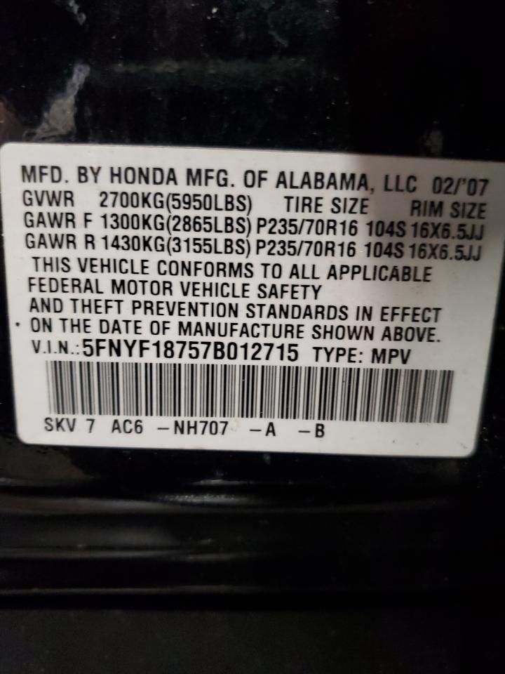 2007 Honda Pilot Exl VIN: 5FNYF18757B012715 Lot: 51045335