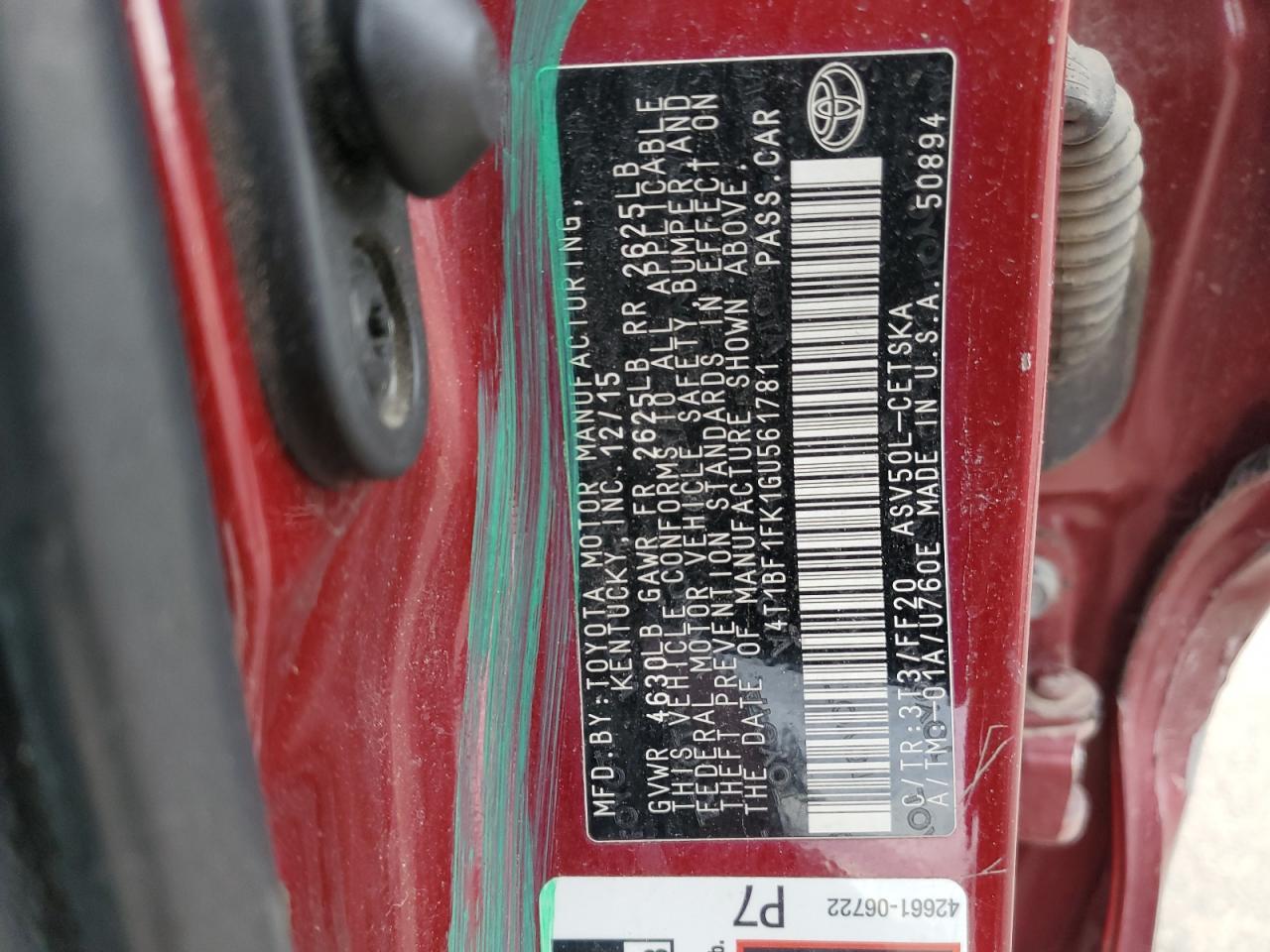 2016 Toyota Camry Le VIN: 4T1BF1FK1GU561781 Lot: 51013355