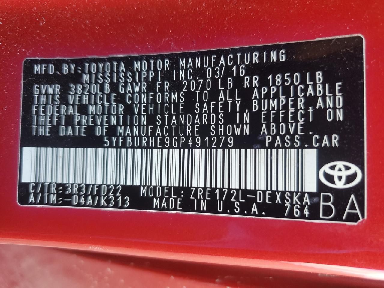 2016 Toyota Corolla L VIN: 5YFBURHE9GP491279 Lot: 49516315
