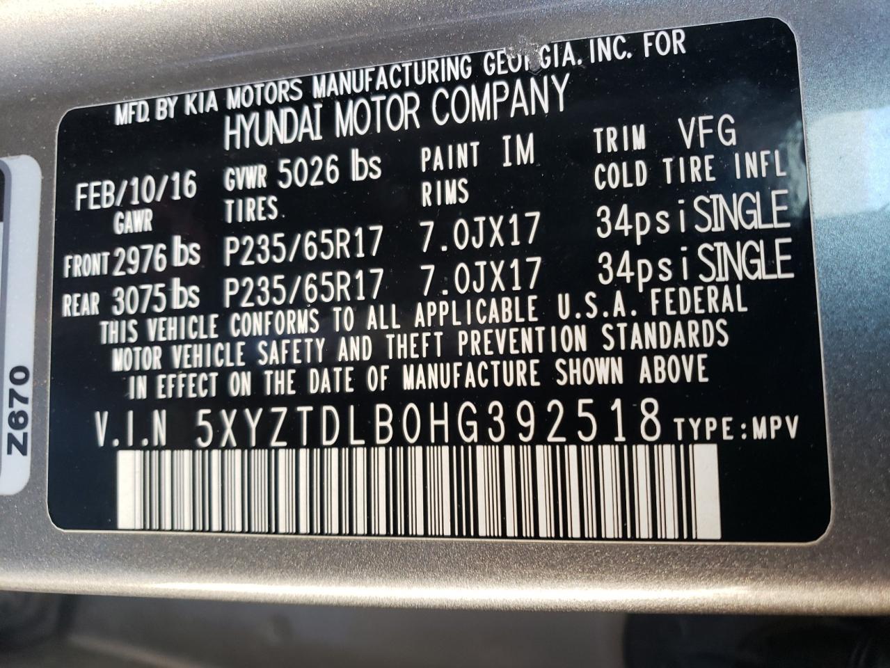 2017 Hyundai Santa Fe Sport VIN: 5XYZTDLB0HG392518 Lot: 49007115