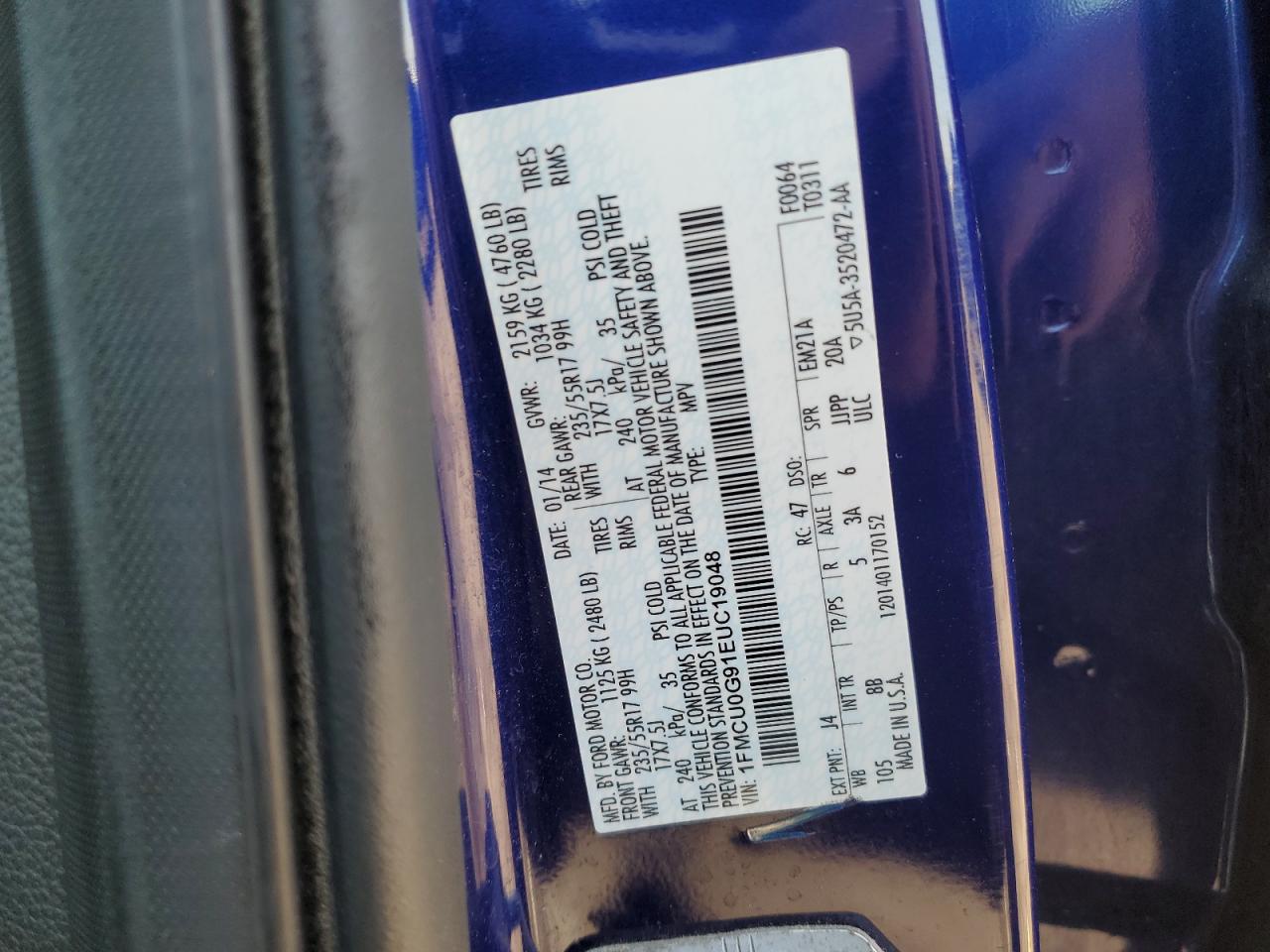 2014 Ford Escape Se VIN: 1FMCU0G91EUC19048 Lot: 48654195