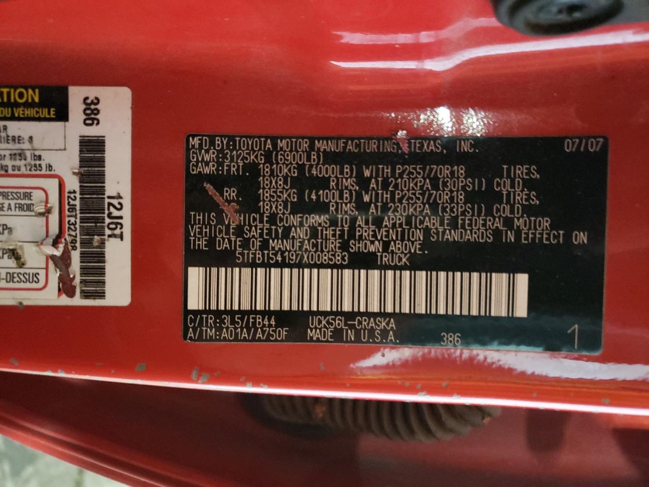 2007 Toyota Tundra Double Cab Sr5 VIN: 1TFBT54197X008583 Lot: 49336665