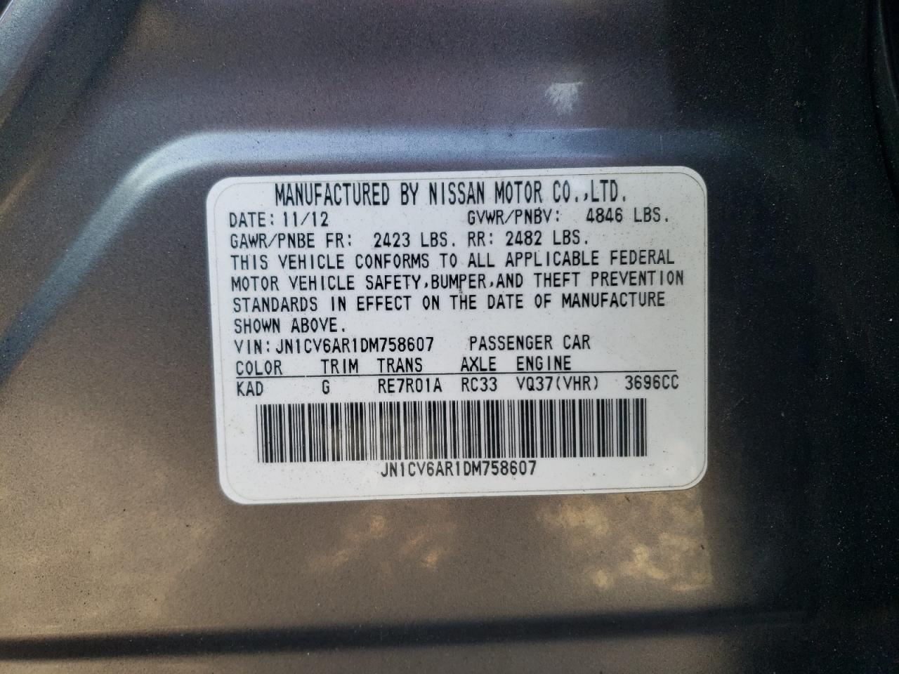 2013 Infiniti G37 VIN: JN1CV6AR1DM758607 Lot: 49729605
