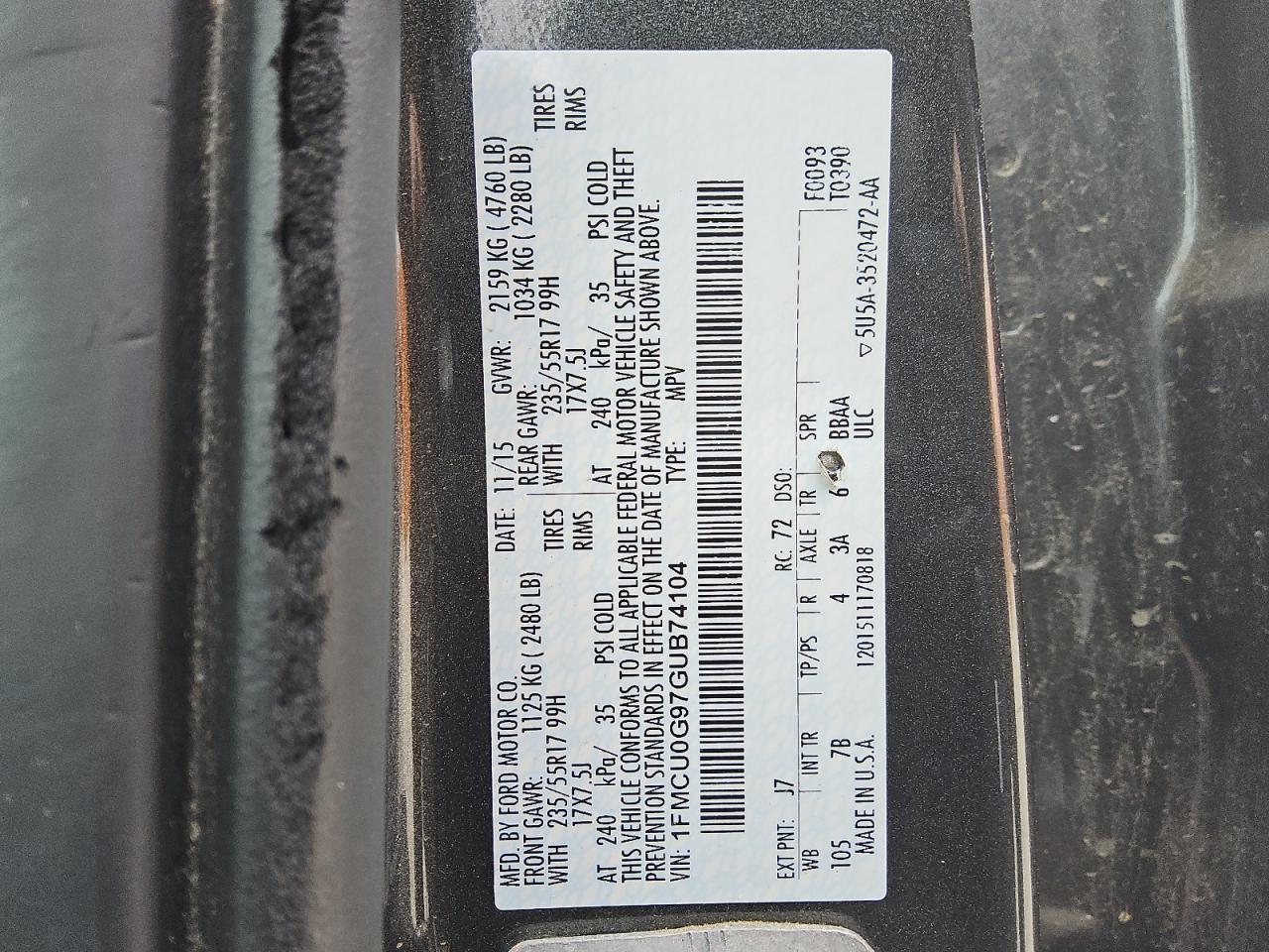 2016 Ford Escape Se VIN: 1FMCU0G97GUB74104 Lot: 47398505