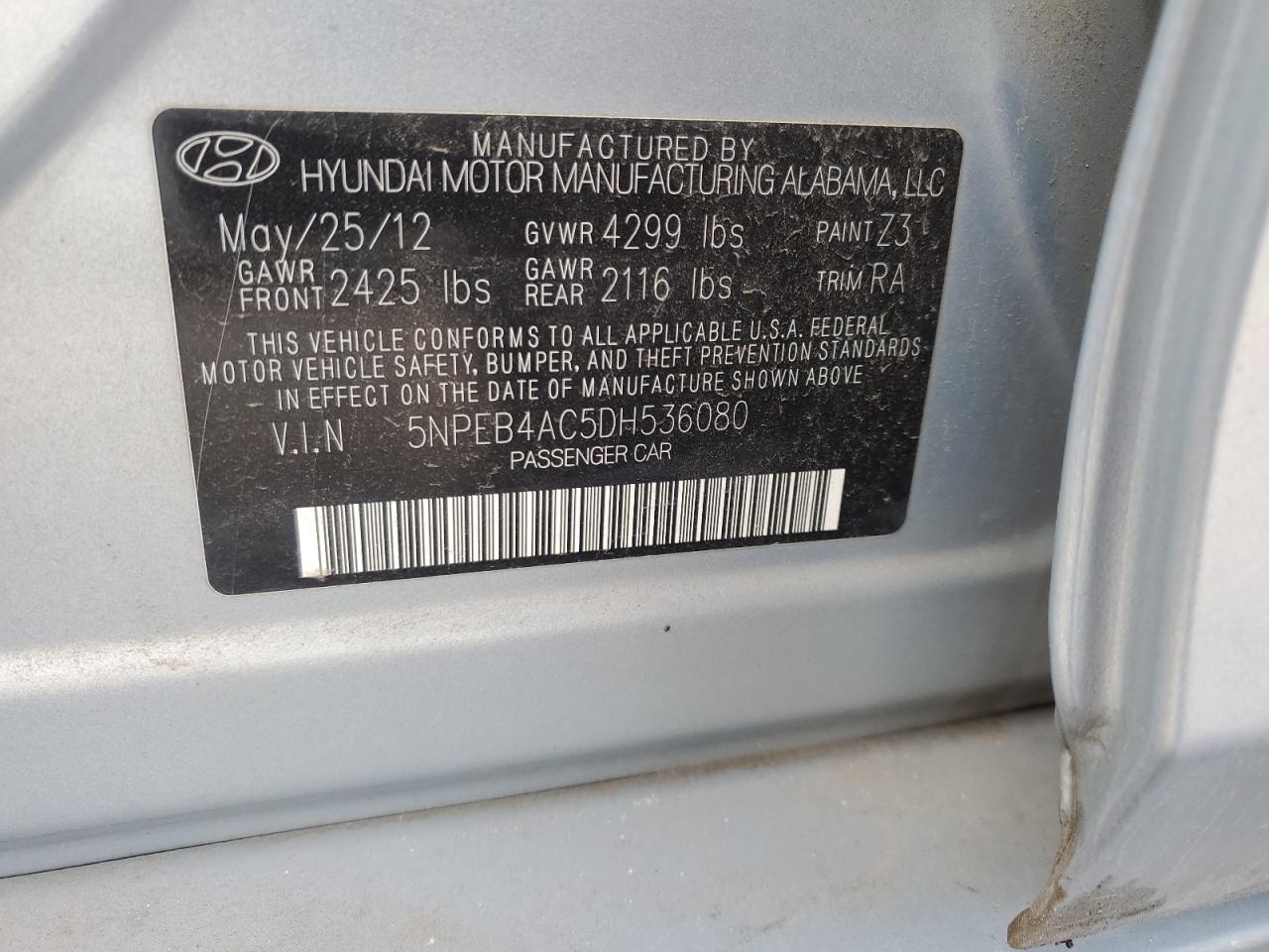 2013 Hyundai Sonata Gls VIN: 5NPEB4AC5DH536080 Lot: 49451455