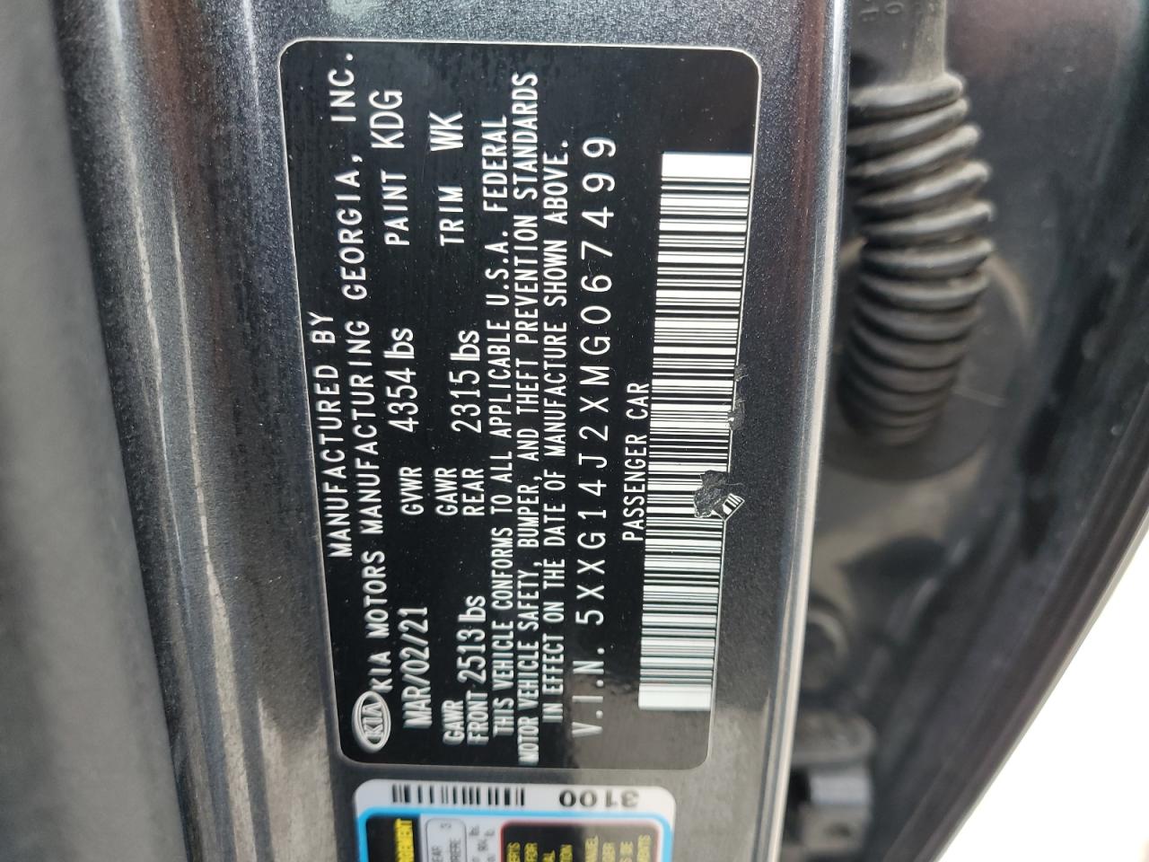 2021 Kia K5 Lxs VIN: 5XXG14J2XMG067499 Lot: 50793465