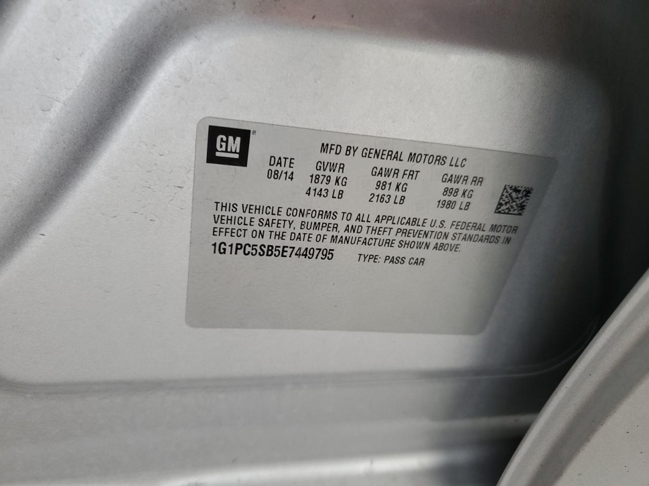 2014 Chevrolet Cruze Lt VIN: 1G1PC5SB5E7449795 Lot: 50965535
