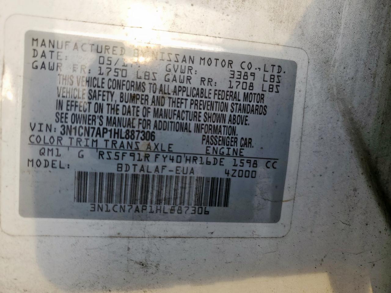 2017 Nissan Versa S VIN: 3N1CN7AP1HL887306 Lot: 50867905