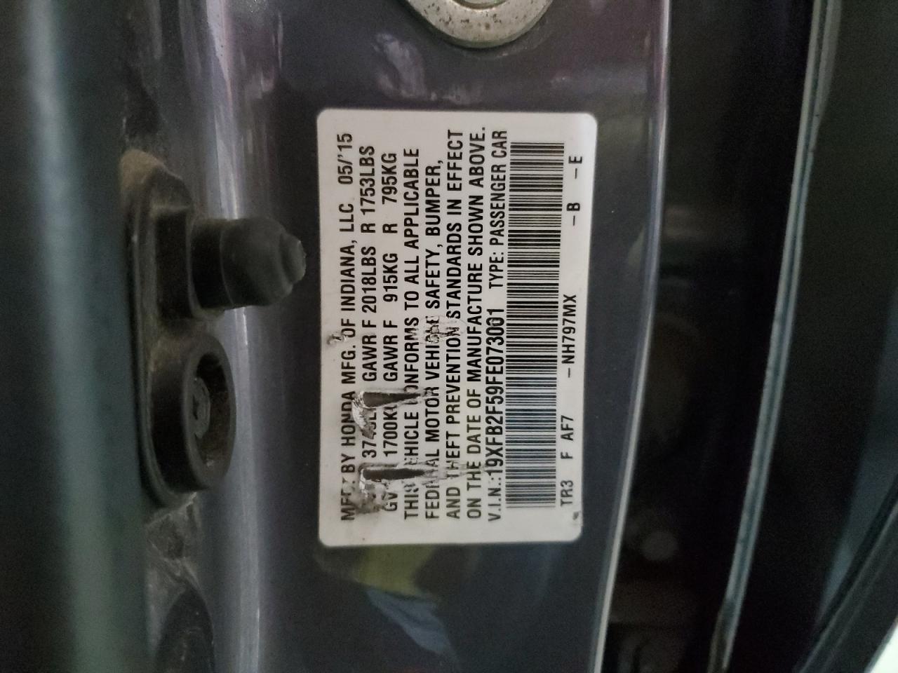 2015 Honda Civic Lx VIN: 19XFB2F59FE073001 Lot: 49472065