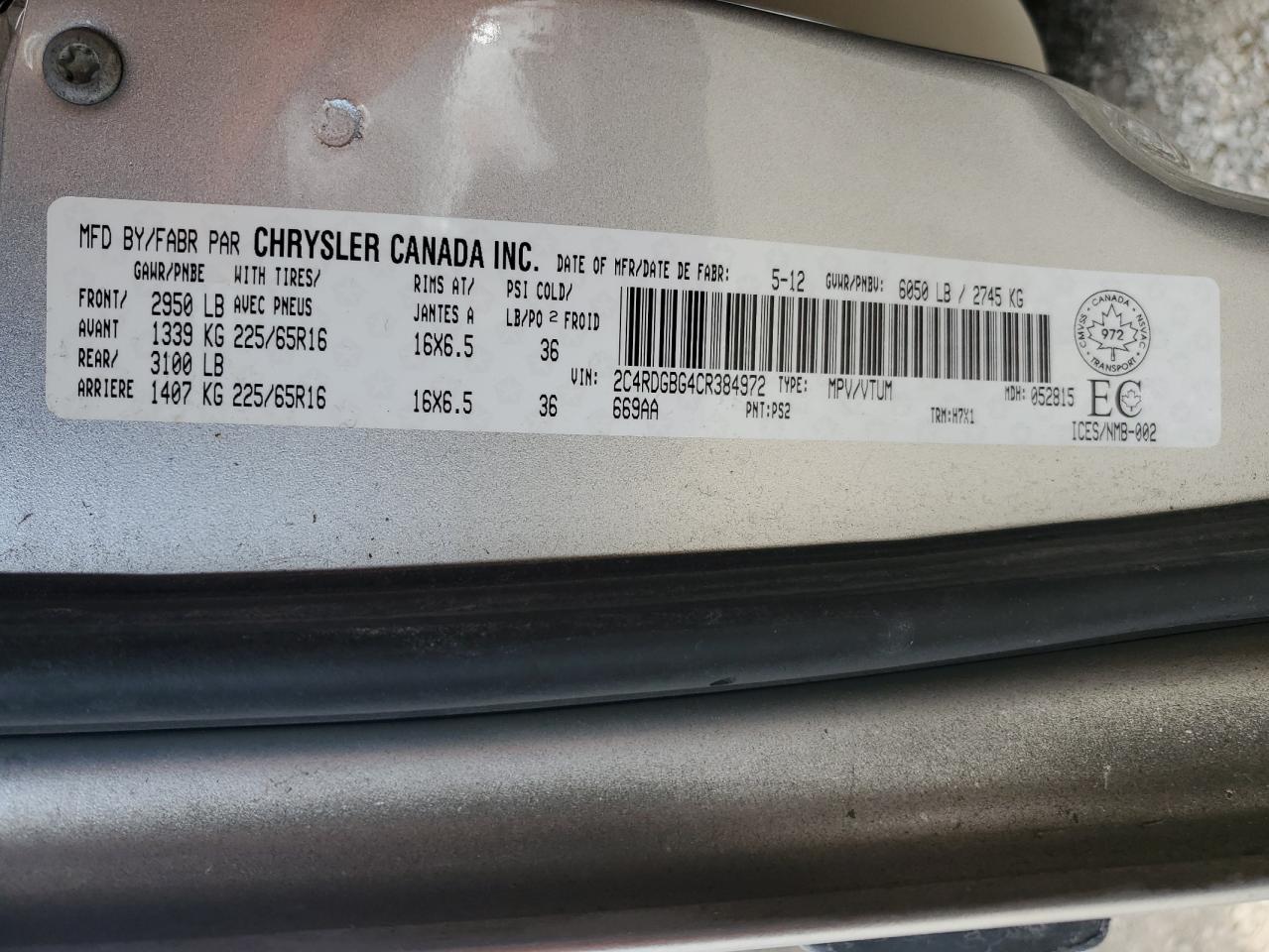 2012 Dodge Grand Caravan Se VIN: 2C4RDGBG4CR384972 Lot: 50234875