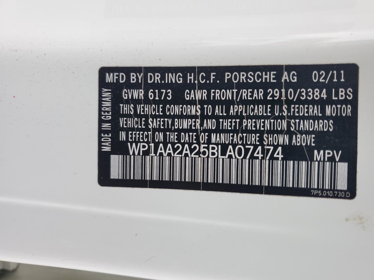 2011 Porsche Cayenne VIN: WP1AA2A25BLA07474 Lot: 47855735