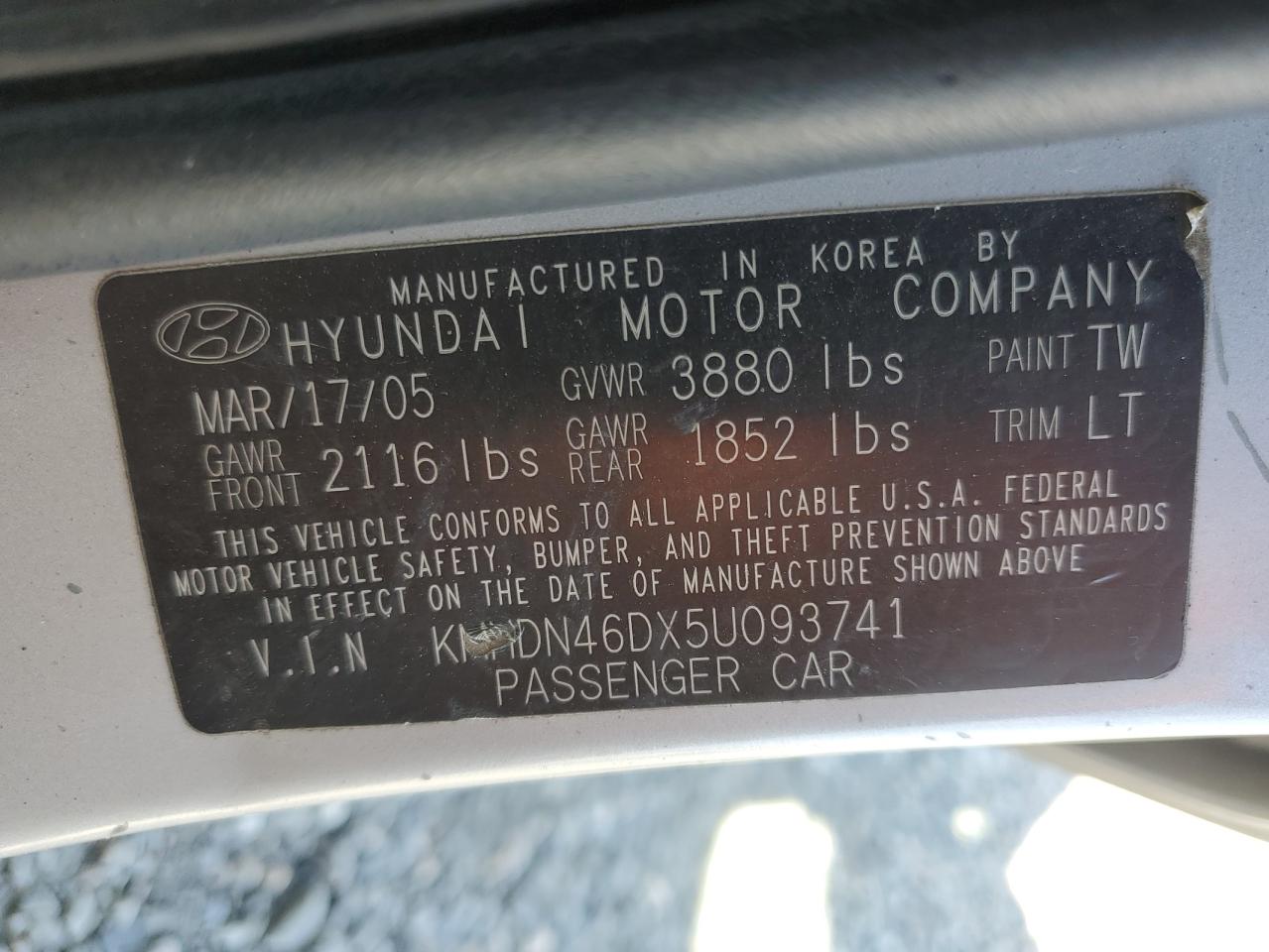2005 Hyundai Elantra Gls VIN: KMHDN46DX5U093741 Lot: 50026355