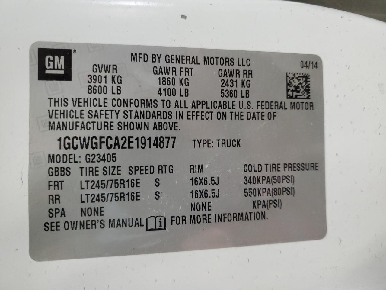 2014 Chevrolet Express G2500 VIN: 1GCWGFCA2E1914877 Lot: 48918095