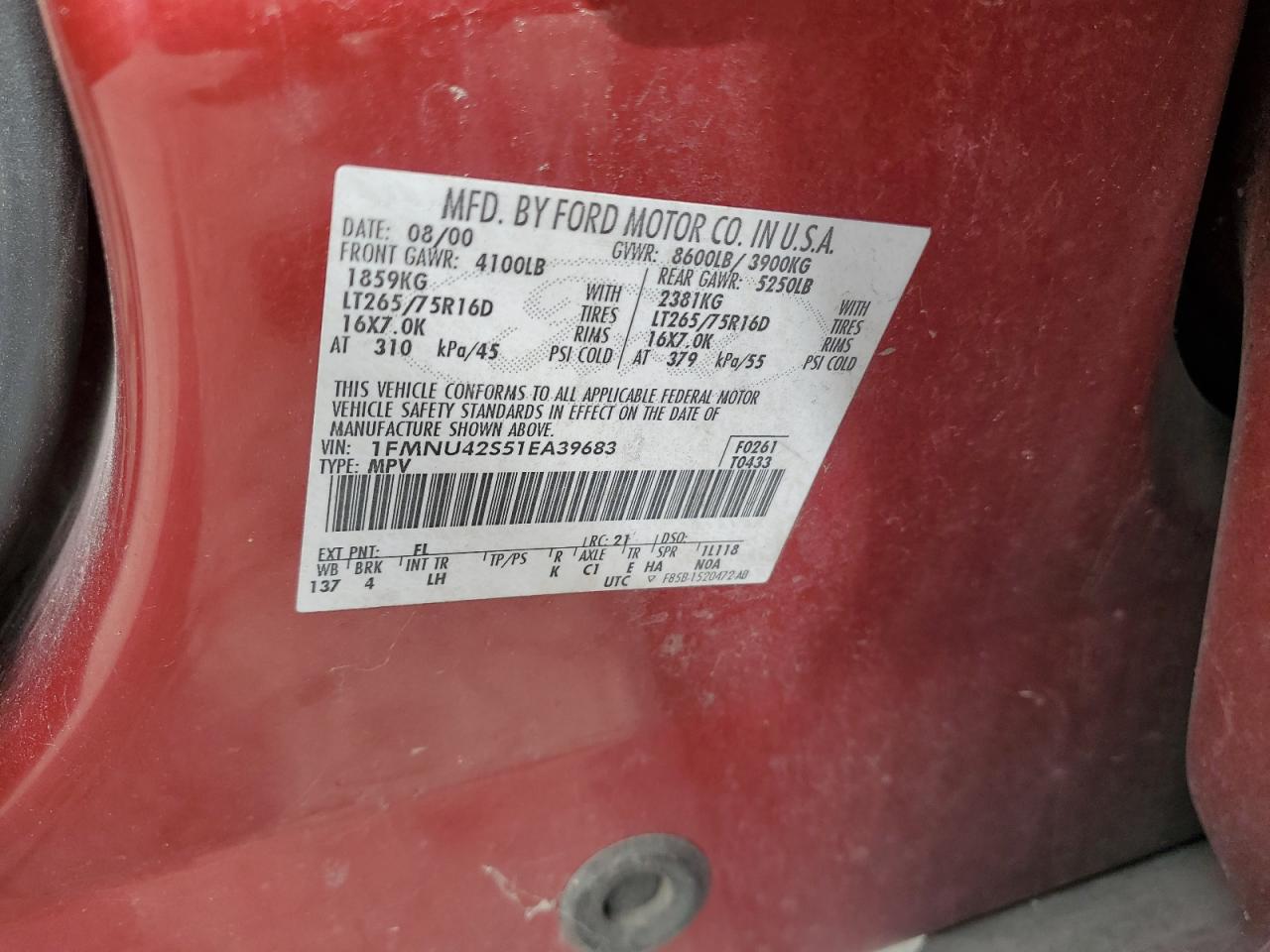 2001 Ford Excursion Limited VIN: 1FMNU42S51EA39683 Lot: 50383565
