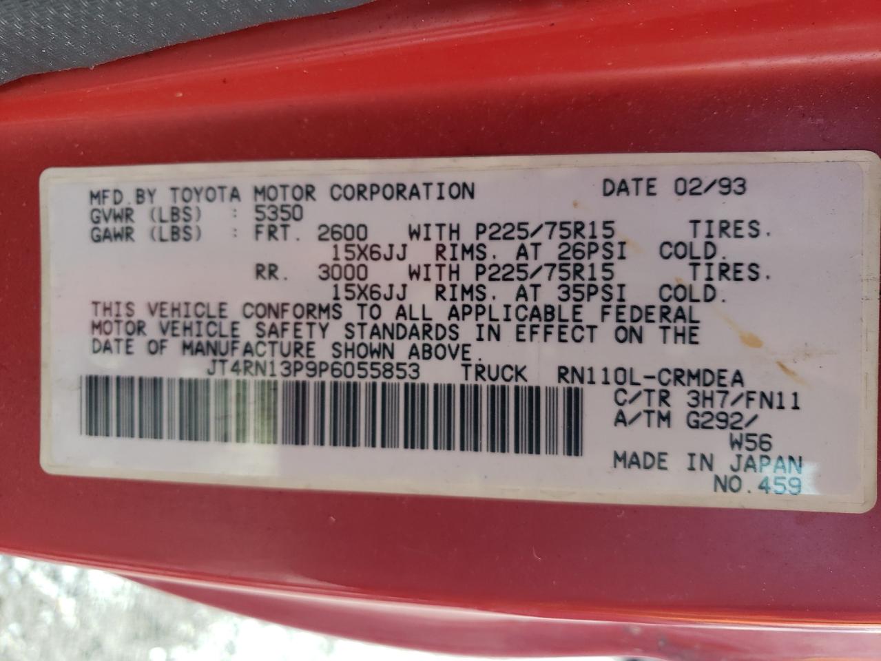 1993 Toyota Pickup 1/2 Ton Extra Long Wheelbase Dx VIN: JT4RN13P9P6055853 Lot: 47788765
